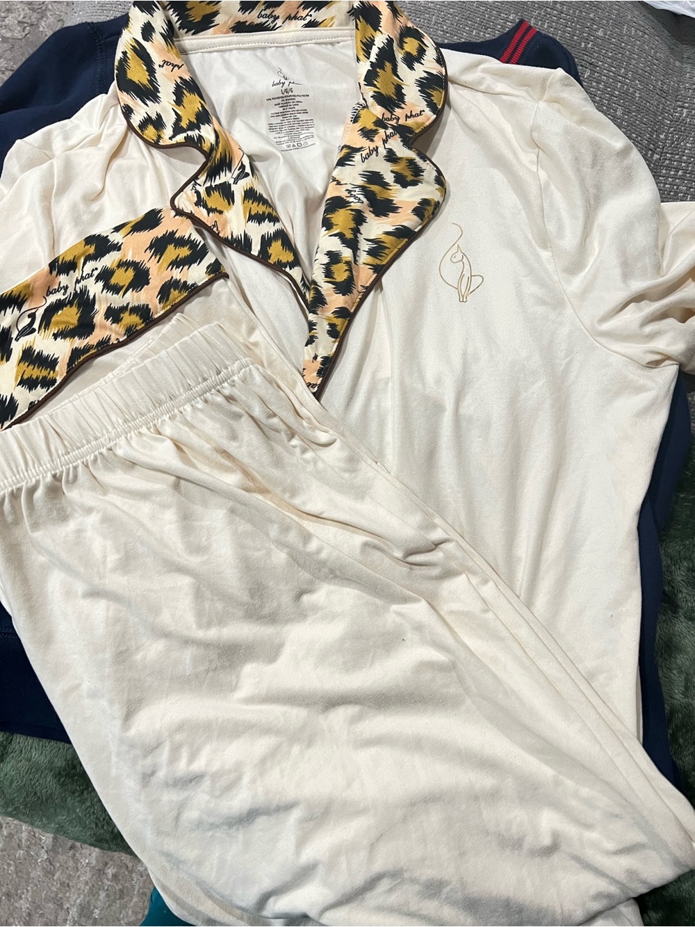 Y2K baby phat Cream Pajama Set w Leopard-Trim Collar and Gold Embroidered Motif